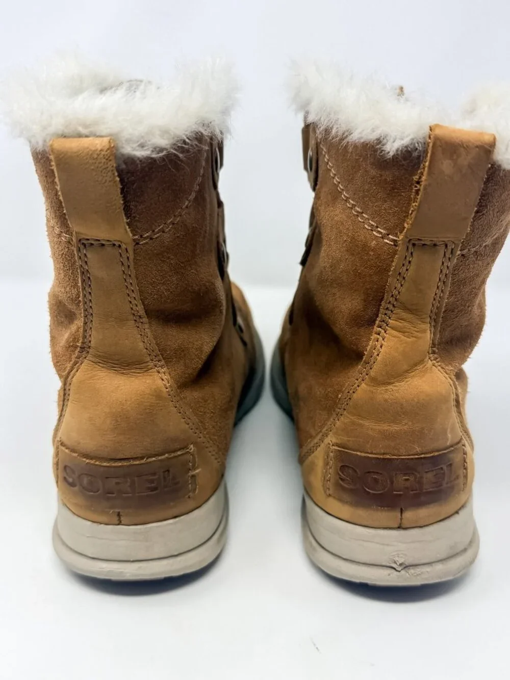 Sorel Explorer Joan Ankle Boots Women's 7.5 Tan Suede Lace Up Fur Trim NL3039